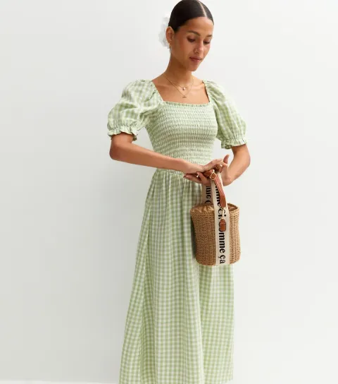 New Look Women's Green Checked Puff Sleeve Midi Dress