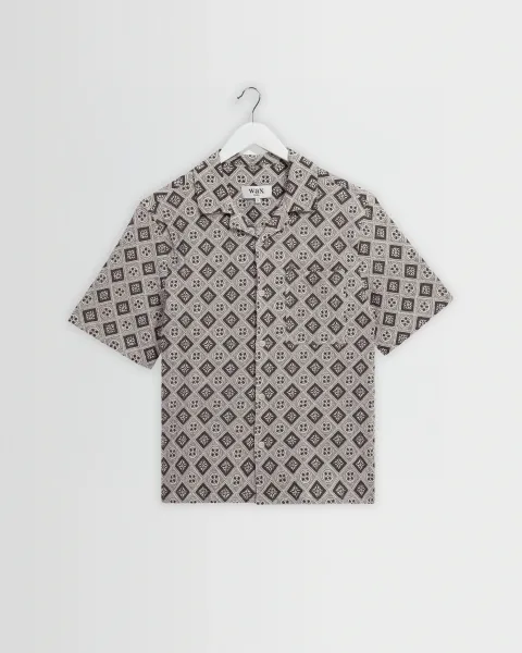 Didcot - Ecru and Black Tile Print Short-Sleeve Shirt