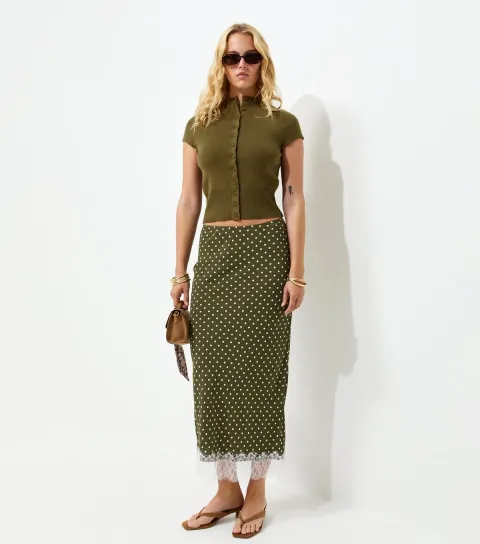 Women's Tall Green Polka Dot Lace Hem Midi Skirt