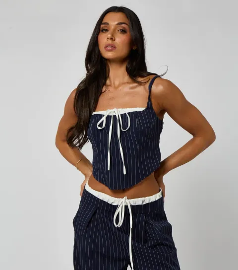Women's Navy Pinstripe Tie Detail Top