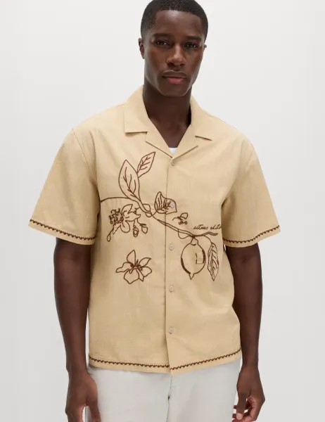 Marks & Spencer Pure Cotton Embroidered Short Sleeve Shirt Natural Mix