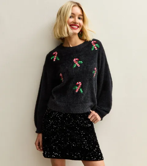 Women's Black Candy Cane Embroidered Jumper