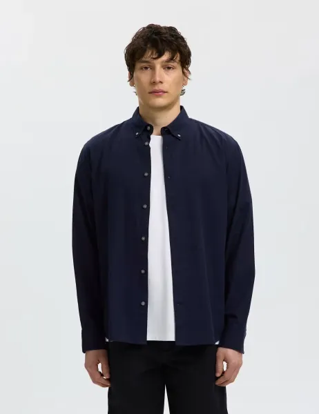 Selected Regular Fit Brushed Cotton Flannel Shirt Navy