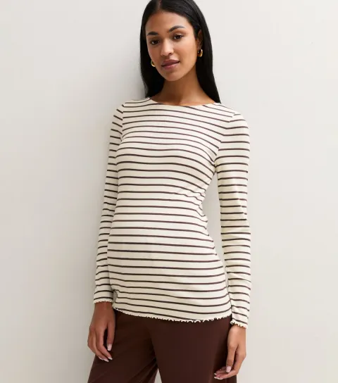 New Look Women's Maternity Cream Cotton Rich Horizontal Stripe Babylock Top