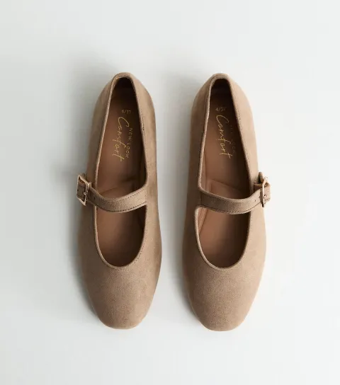 Women's Light Brown Faux Suede High Vamp Mary Jane Ballerina Flats