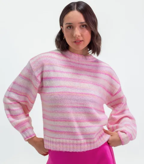 Sunshine Soul Women's Light Pink Rainbow Stripe Balloon Sleeve Jumper
