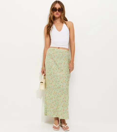Women's Light Green Floral Bias Cut Midi Skirt