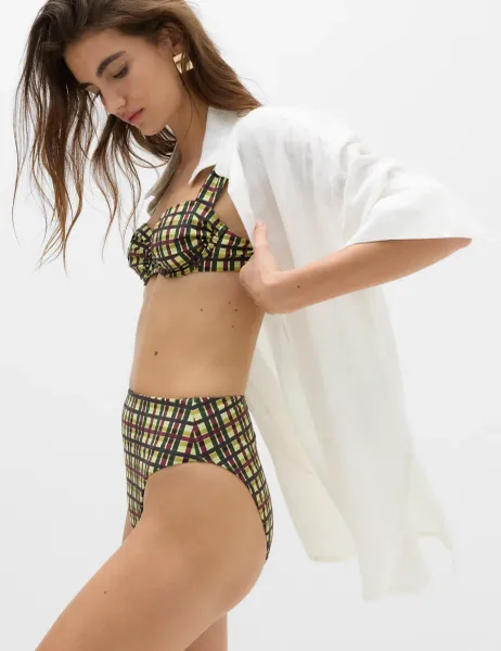 Marks & Spencer Checked High Waisted High Leg Bikini Bottoms Green Mix