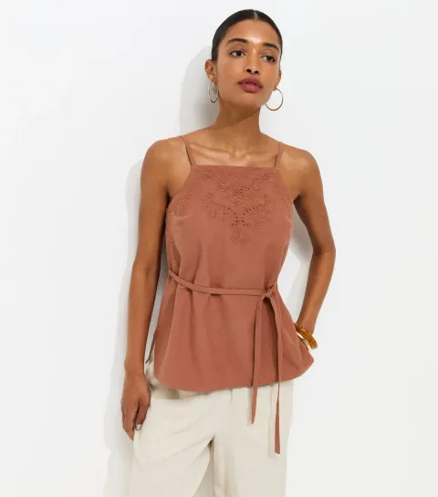 Women's Dark Brown Cotton Rich Embroidered Belted Long Cami Top