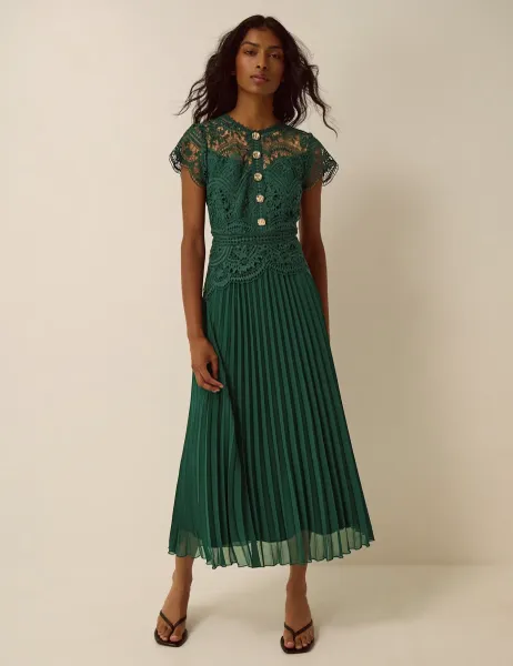 Monsoon Lace Pleated Midi Dress Green