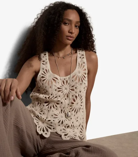 Women's Cream Crochet Cotton Rich Floral Sequin Top