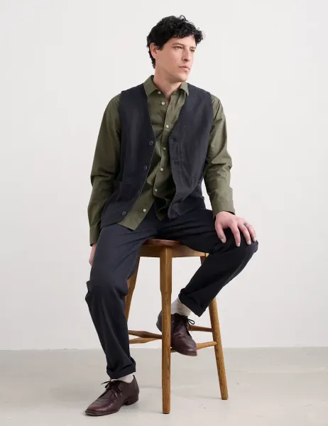 Seasalt Cornwall Regular Fit Linen Rich Herringbone Waistcoat Navy
