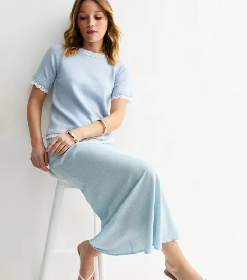Women's Blue Spotty Bias Cut Midi Skirt