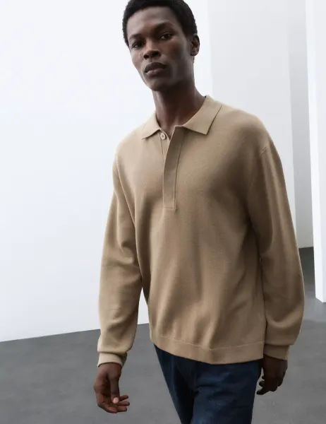 Autograph Long Sleeve Knitted Polo Shirt Sable