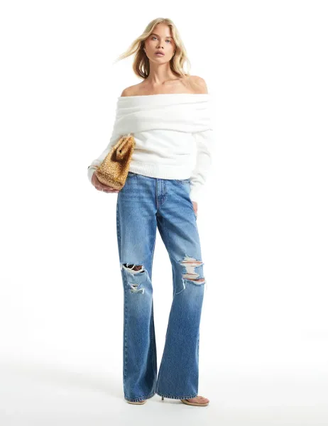 River Island Gathered Shoulder Bardot Jumper with Wool Cream