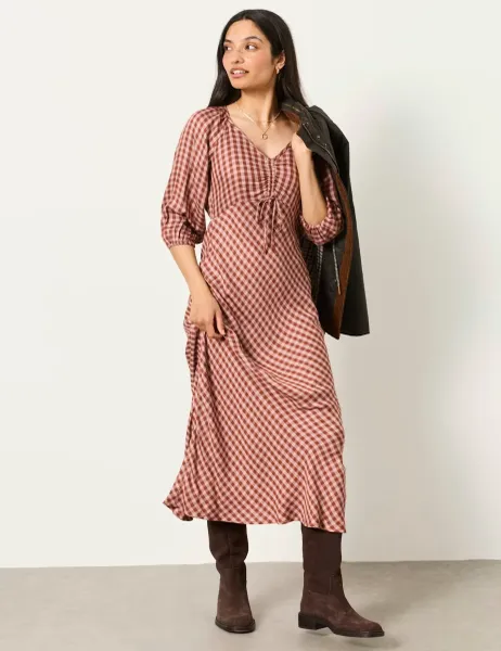 FatFace Checked V-Neck Tie Detail Maxi Waisted Dress Pink Mix