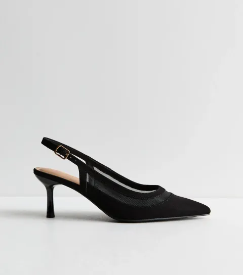Women's Black Faux Suede Mesh Cut Out Slingback Pumps Vegan