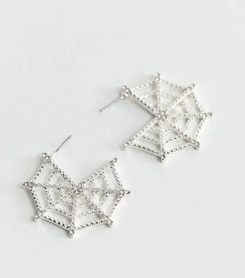 Silver Tone Halloween Sparkly Spider Web Hoop Earrings
