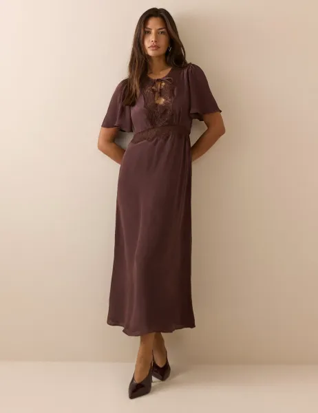 Nobody's Child Tie Neck Midi Waisted Dress Brown