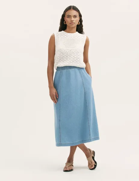 Finery London Pure Cotton Denim Midaxi Skirt Light Blue