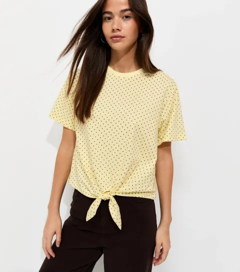 Women's Yellow Cotton Polka Dot Tie Front T-Shirt