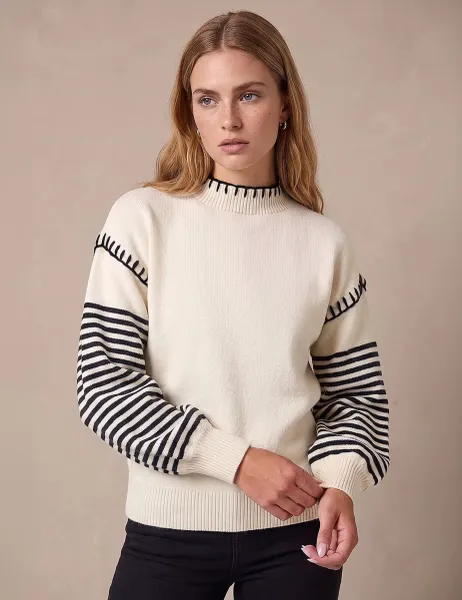 Roman Striped Stitch Detail Jumper Ivory Mix
