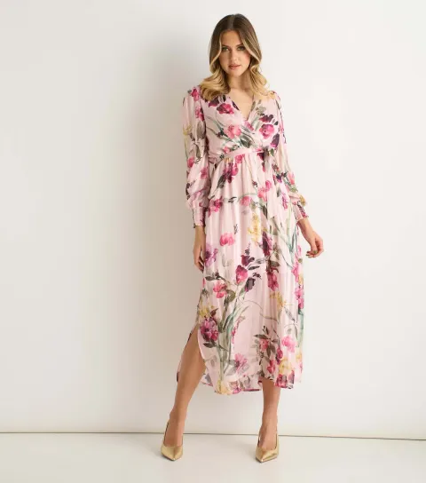 Women's Light Pink Wrap Floral Midi Dress