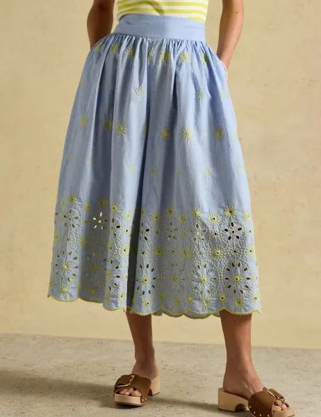 Joules Pure Cotton Broderie Wide Leg Trousers Blue