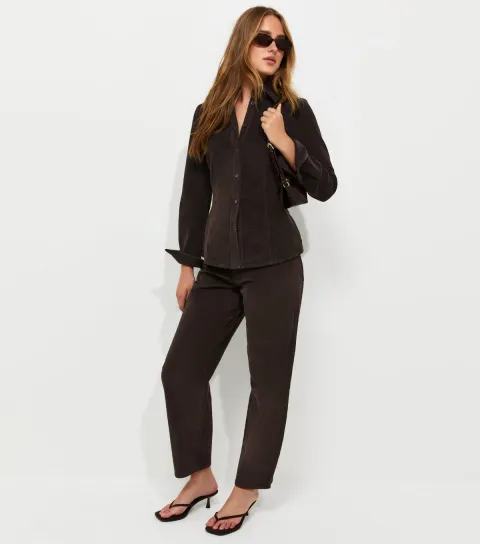 New Look Women's Dark Brown Corduroy Tapered Trousers