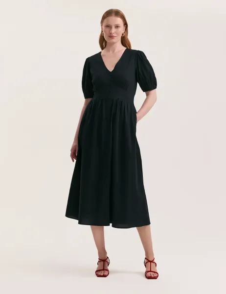 Finery London Pure Cotton V-Neck Midi Tea Dress Black