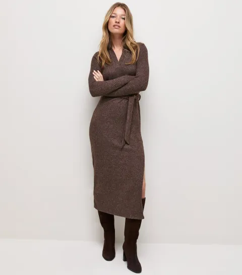 Women's Dark Brown Knitted Long Sleeve Midi Dress
