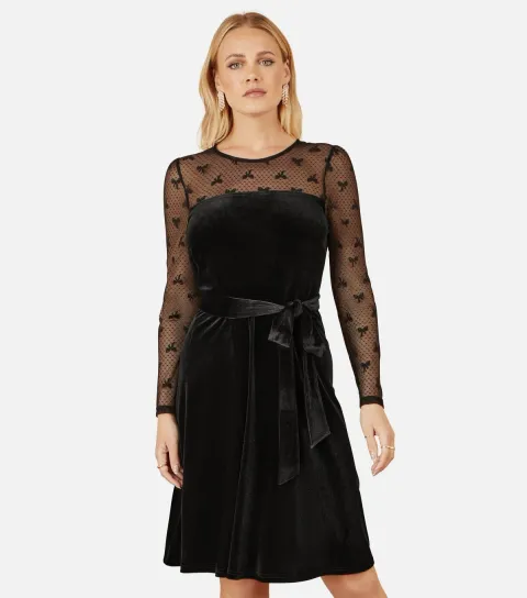 Yumi Women's Black Bow Mesh Skater Dress