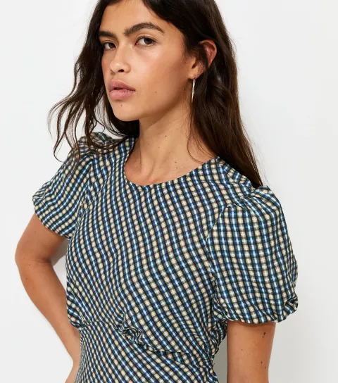 Women's Blue Check Puff Sleeve Midi Dress