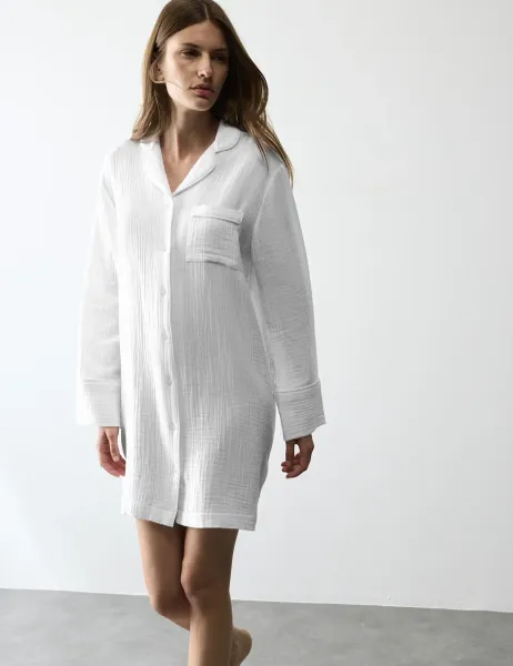 Autograph Pure Cotton Textured Muslin Nightshirt White