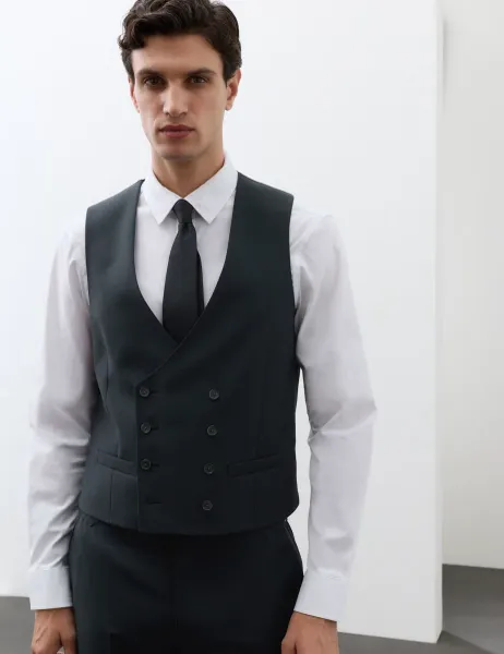 Autograph Double Breasted Formal Waistcoat with Wool Dark Navy
