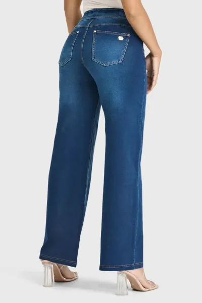 N.O.W Denim Limited Edition - High Waisted - Wide Leg - Dark Blue + Yellow Stitching