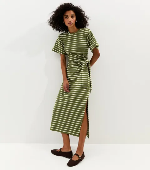 Women's Green Stripe Tie Waist Midi Dress