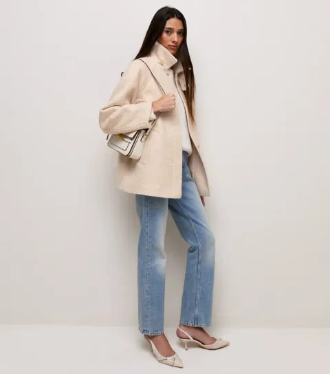 New Look Women's Cream Felt Raglan Sleeve Funnel Neck Coat