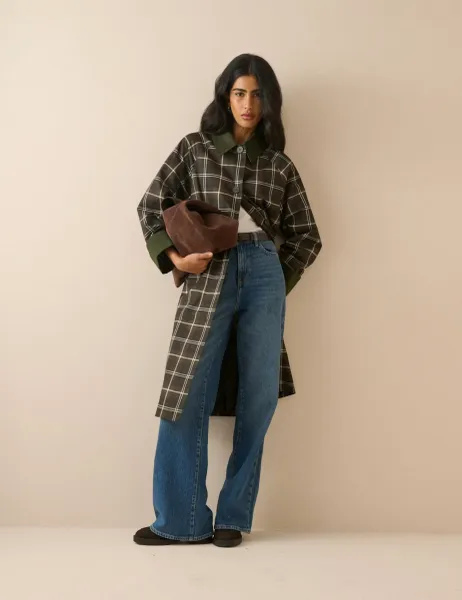 Pure Cotton Checked Collared Car Coat Green