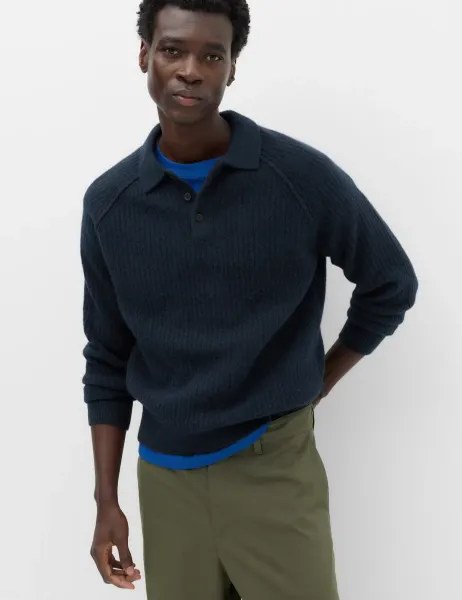 Marks & Spencer Lofty Relaxed Fit Ribbed Knit Polo Shirt Navy