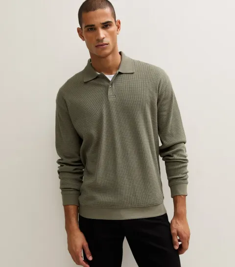 New Look Men's Dark Khaki Regular Fit Waffle Textured Button Up Polo Shirt