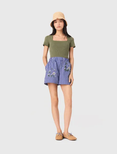 Embroidered striped cotton shorts