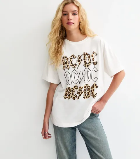 Women's White ACDC Leopard Print Oversized T-Shirt