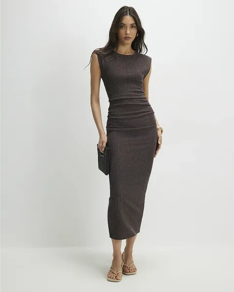 River Island Short Sleeve Textured Ruched Midi Dress