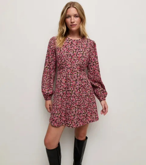 Women's Pink Ditsy Floral Cropped Sleeve Mini Dress
