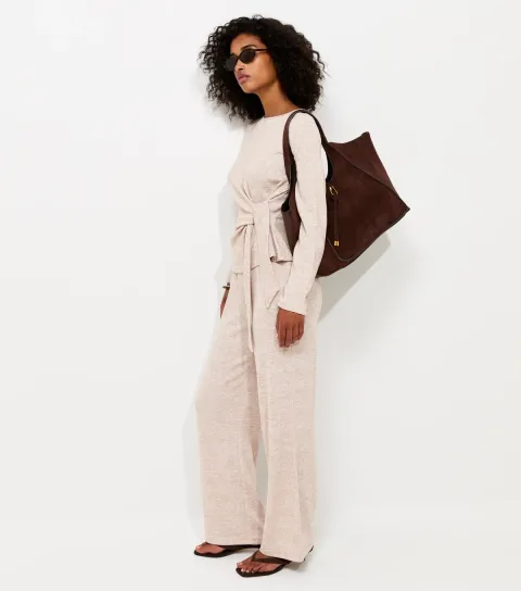 Women's Oatmeal Soft Touch Wide Leg Trousers