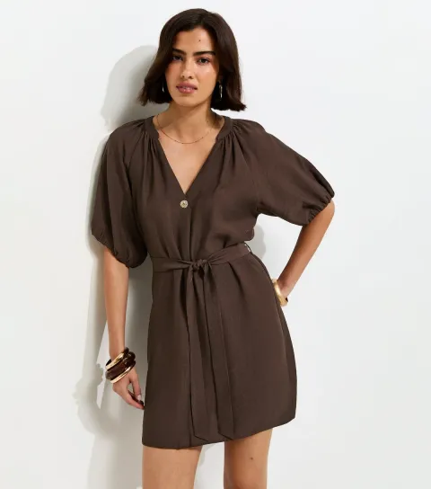 Women's Dark Brown V-Neck Puff Sleeve Belted Mini Dress
