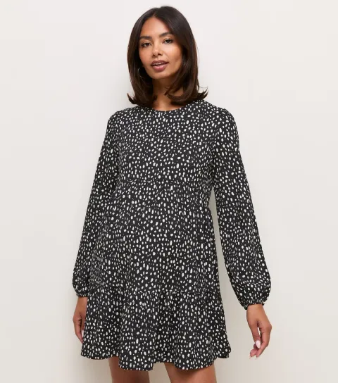 Women's Maternity Black Patterned Long Sleeve Crinkle Texture Smock Mini Dress
