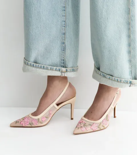 Women's Off White Floral Embroidered Mesh Slingback Court Shoes Vegan