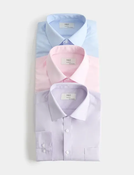 Marks & Spencer 3 Pack Slim Fit Easy Iron Cotton Blend Pocket Shirts Lilac Mix
